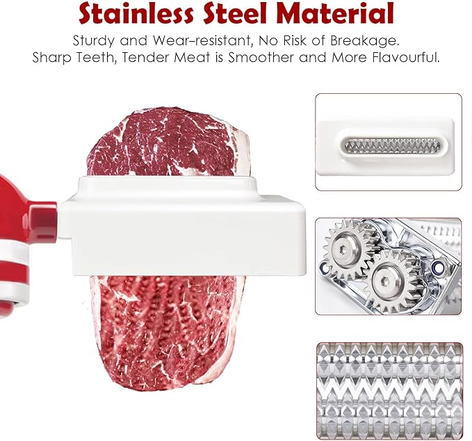 Meat Tenderizer for Kitchenaid, Meat Tenderize Attachment for Kitchenaid and Cuisinart Stand Mixer with Stainless Gears, White