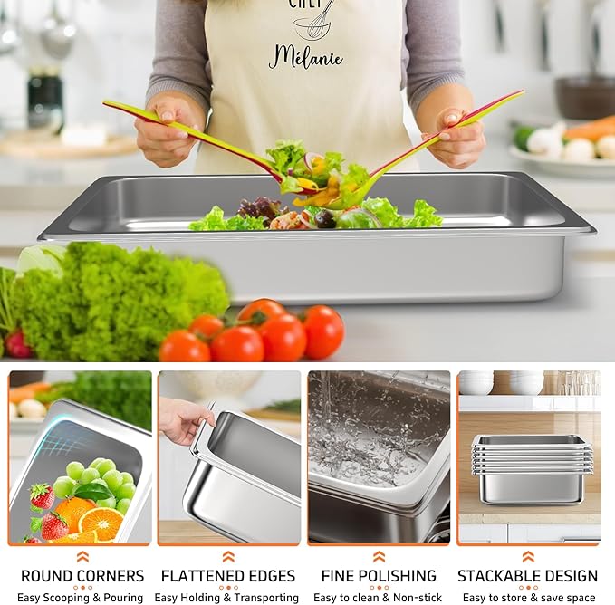 6 Pack Hotel Pans, 1/1 Full Size 4 Inch Deep Steam Table Pan, Stainless Steel Commercial Food Pan Anti Jam Steam Pan, Breading Trays for Hotel, Party, Buffet, Catering Supplies