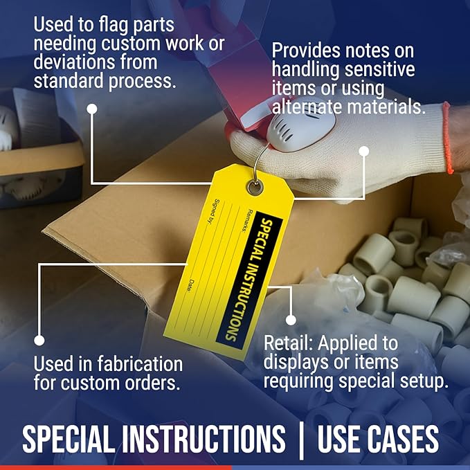 Tags 4 Less Production Quality Control Hang Tags – Equipment Preventative Maintenance Labels, for Easy Record-Keeping for Inventory Status (Special Instructions, Pack of 100)