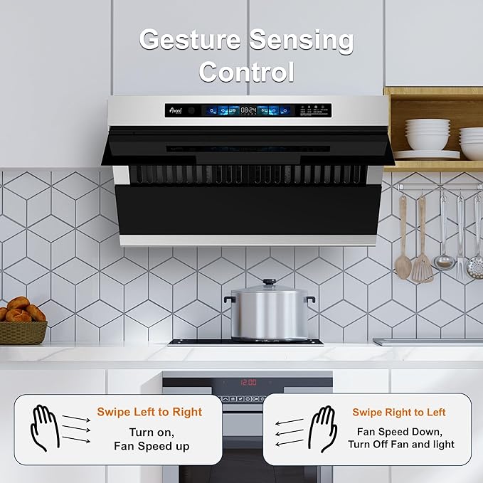 Awoco 30" Under Cabinet Range Hood, Side-Draft Design, 4 Speeds Exhaust Fan with 800 CFM, Voice, Gesture, Touch & Remote Control, 6" Vent, Dimmable LED Light Bars