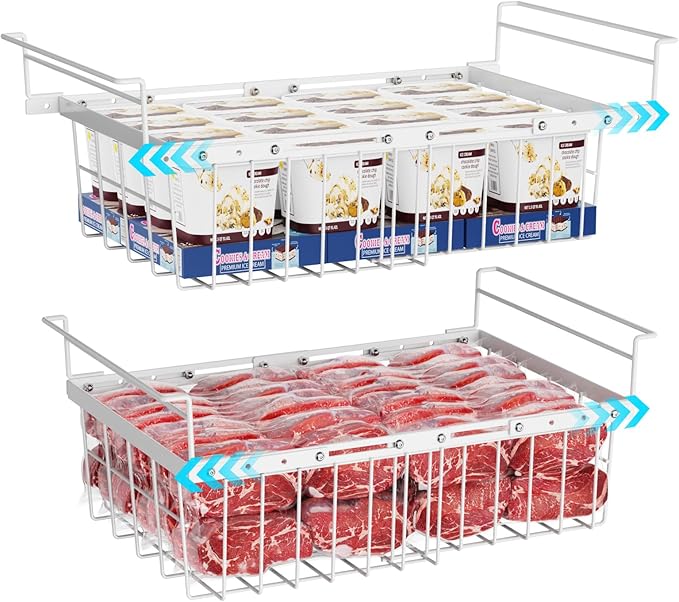 iSPECLE Freezer Organizer Bins for 10 to 20 Cu.Ft, 2 Pack Expandable Hanging Baskets Fit 17.5"-22.6" Width, Metal Wire Storage Racks for Deep Freeze, Not for Upright, White
