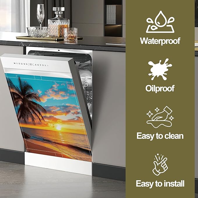 Tropical Palm Dishwasher Magnet Cover,Sunset Sea Beach Kitchen Decor Waterproof Refrigerator Magnet Appliance Cover Protector,23Wx26H Inches