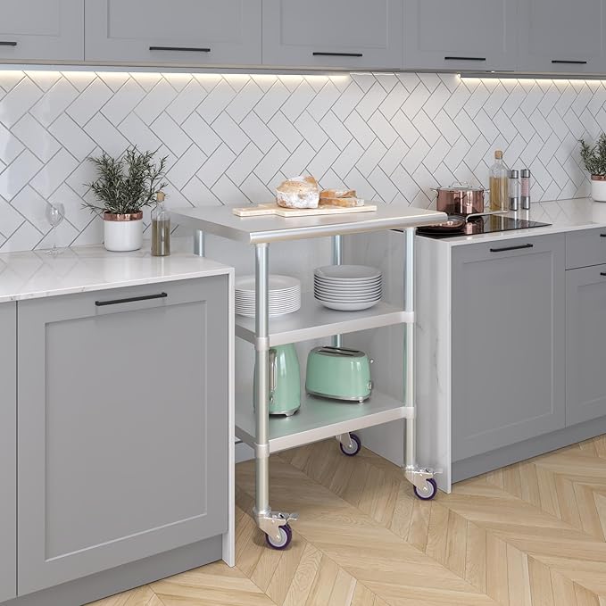 AmGood Stainless Steel Work Table with 2 Shelves and Casters | Metal Utility Table On Wheels (Stainless Steel Work Table with 2 Shelves + Casters, 30" Long x 24" Deep)