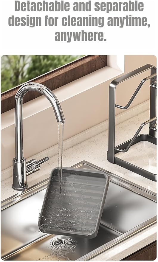 Kitchen Pot Lid Storage Rack Holder for Countertop, Space-saving Vertical Compact Pot Lid Holder Double-layer with Removable Drip Tray, Gray