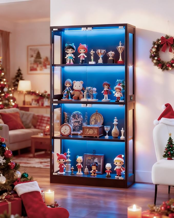 Glass Display Cabinet, 65" Tall Display Case with RGB Lights Curio Cabinet with Glass Doors 4-Tier LED Storage Cabinet with Human Body Sensor & Press-To-Open for Collectibles Book Figure (Black)