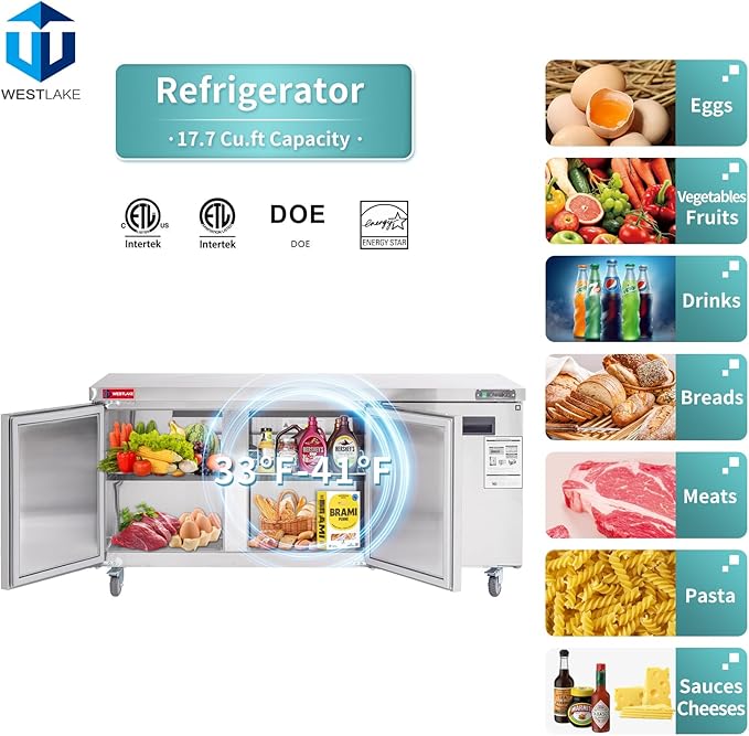 WESTLAKE 72"" W Commercial Refrigerator Worktop Undercounter Refrigerator 17.7 Cu.ft Single Door Stainless Steel Counter Fan Cooling Refrigerator Food Prep Station for Restaurant, Bar, WKTR-72B