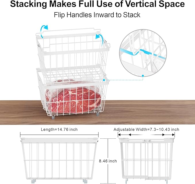 iSPECLE Freezer Organizer Bins - 2 Pcs Hanging Baskets for Deep Freezer, Adjustable Wider & Deeper Chest Freezer Organizer Bins for 5 to 9 Cu Ft, Extra Large & Easy Organize, White