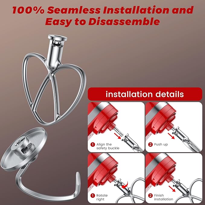 Premium 316 Stainless Steel Attachments 2 Piece Kit, Flat Beater & Dough Hook for 4.5 and 5 Qt Kitchenaid Tilt-Head Stand Mixers, Paddle&Dough Hook Mixers Accessories, Dishwasher Safe, Spatula&Recipe