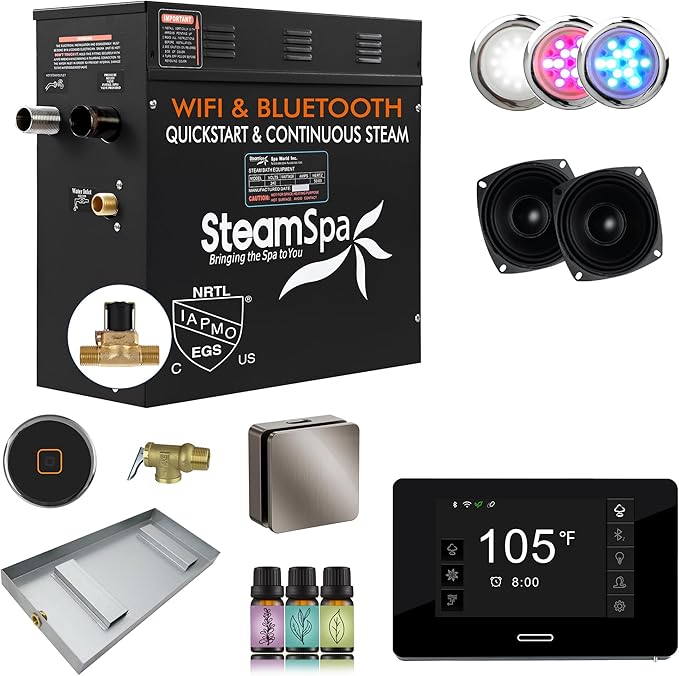 SteamSpa Steam System 4.5kW Steam Shower Generator with Bluetooth Wifi, Quickstart Continous Steam, Advanced Touch Pad Screen, Chroma Lights, Drain Pan and Auto Drain Brushed Nickel RVBS450BN-A