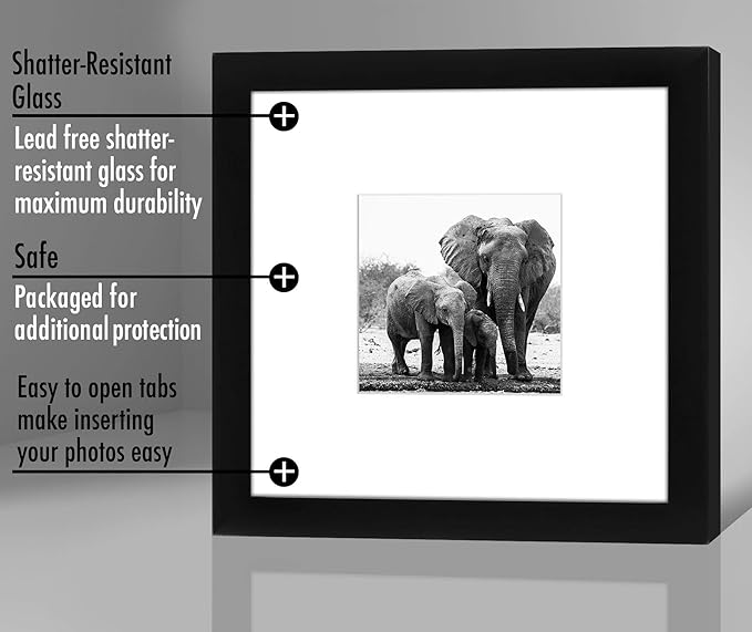 Americanflat 8x8 Picture Frame with Shatter-Resistant Glass - Use as 4x4 Frame with Mat or Display 8x8 Photo Without Mat - Signature Collection - Square Frames for Tabletop and Wall Display - Black