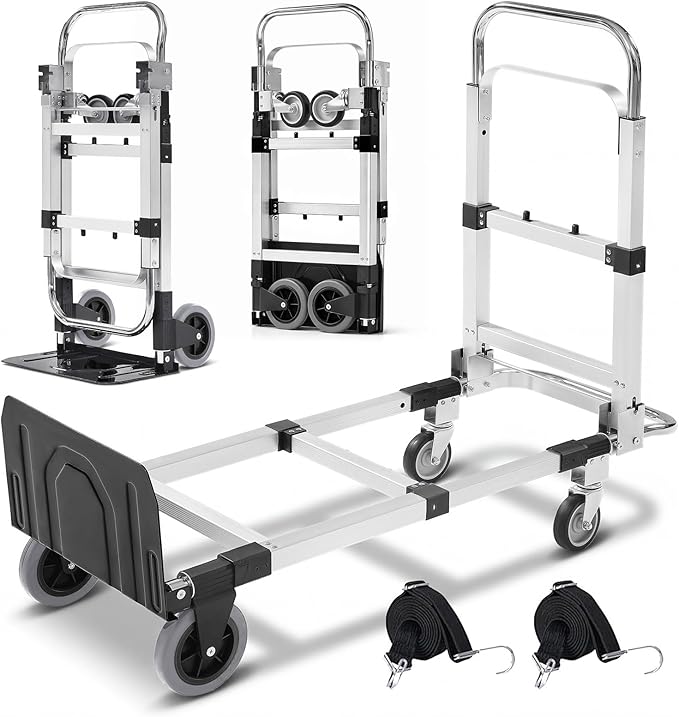 3 in 1 Folding Hand Truck Dolly Cart, Heavy-Duty Foldable and Convertible Design, Lightweight Portable Utility Cart with Rubber Wheels and Telescoping Handle for Moving, 500 lbs Capacity (Black)