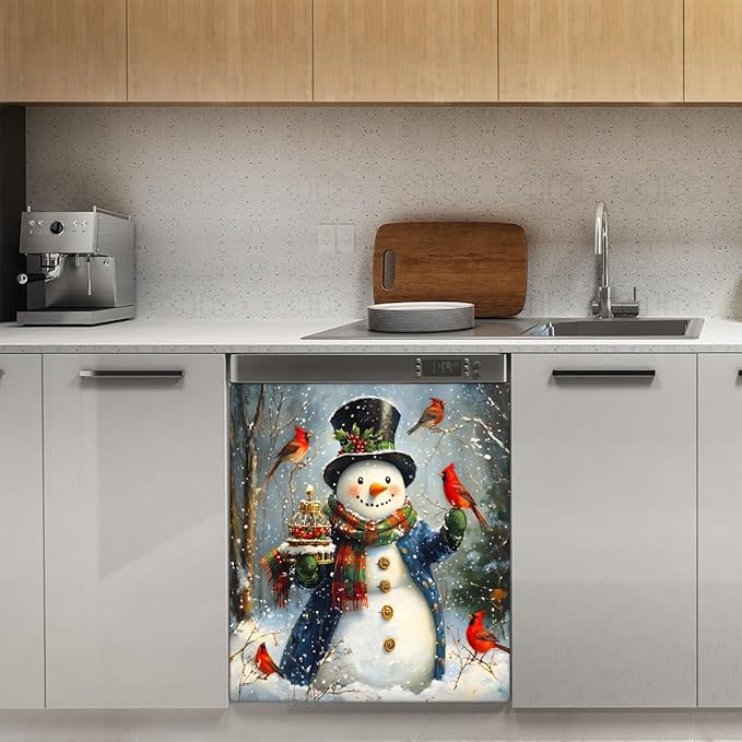 Christmas Cardinal Cute Snowman Dishwasher Magnet Cover Christmas Xmas Magnetic Dishwasher Decorative Cover Front Dishwasher Door Covers Dishwasher Covers Decor Kitchen Appliances Gift 23" X 26"