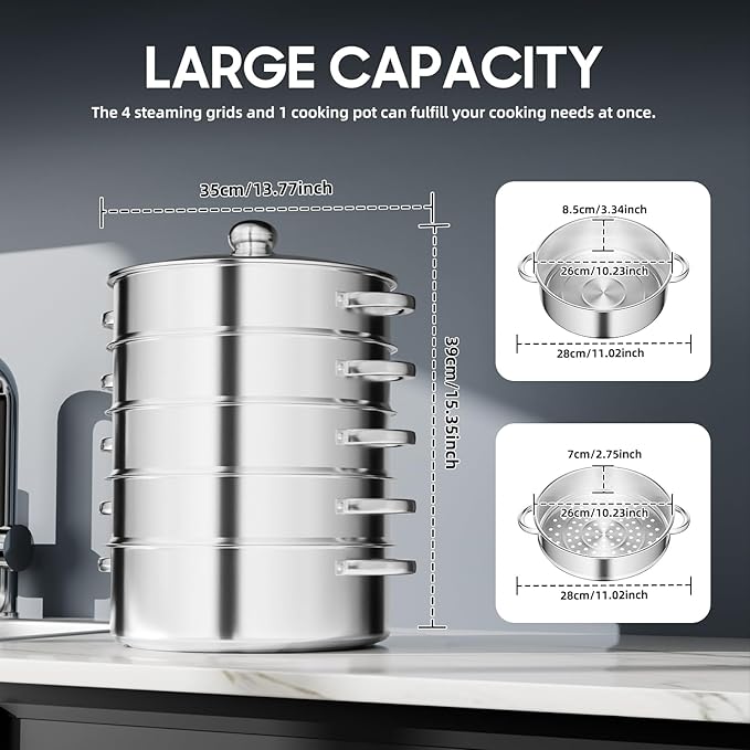 5 Tier Stainless Steel Steamer Cooker, 28cm Steam Pot Kitchen Food Cooking + Glass Lid Meat Vegetable Cooking Steam Pot Kitchen Cookware Food Steamer for Home Kitchen
