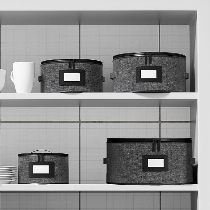 Aokeyee 4-Piece Plate Storage Box, Hard Shell Storage Containers with 48 Soft Dividers for Saucer, Dessert, Salad & Dinner Plates, Sturdy Quilted Stackable Dish Organizer for Moving & Protection, Grey