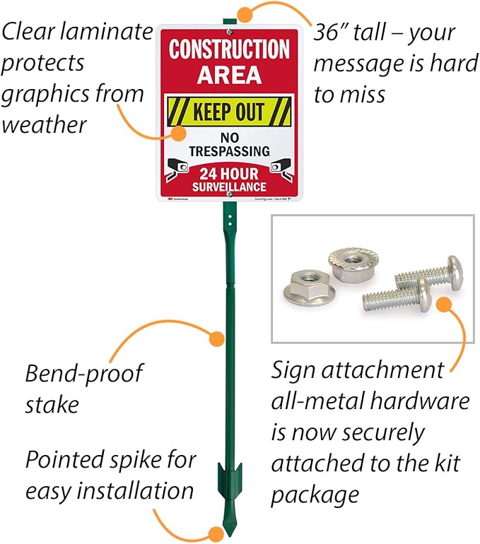 SmartSign 12" x 10" 'Construction Area Keep Out, No Trespassing, 24 Hour Surveillance' Yard Sign with 3 foot Stake, 40 mil Aluminum 3M Laminated Engineer Grade Reflective, Set of 1, USA-Made