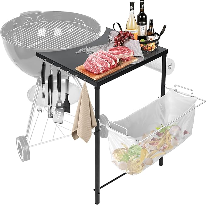 Grill Side Table for Weber Kettle 22/26, Weber Smokey Mountain 22 Grill, Grill Work Table for Weber Master Touch, Premium, Kettle Grill Accessories, Adjustable Height Charcoal Kettle Grill Table