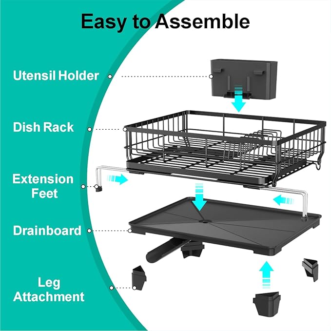 Swedecor Extendable Dish Drying Rack - Large 2-in-1 Dish Racks for Kitchen Counter with Drainboard & Pan Slots, Anti-Rust Over Sink Dish Drainer, 12.6" to 22.4" L x 16.7" W, Black