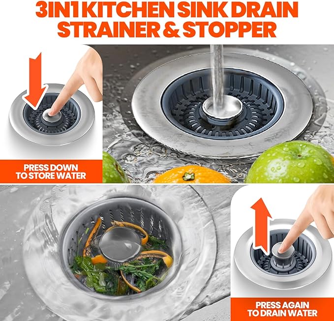 Sink Drain Strainer - Sink Stopper, 3-in-1 Kitchen Stainless Steel Drain Plug with Anti-Clog Basket, Pop-Up Cover Fits Standard 3-1/2” Openings for Double Bowl Kitchen Sinks