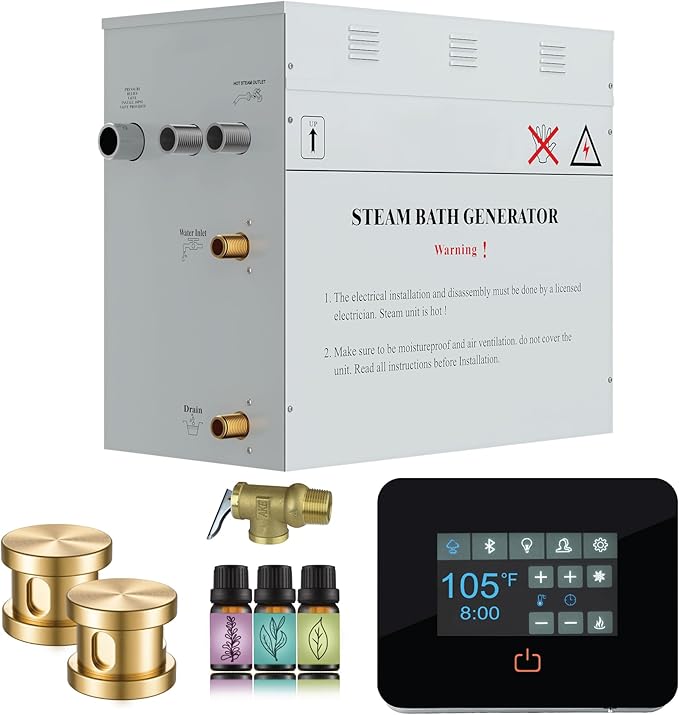Builders Series 10.5kW Steam Bath Generator with Quickstart Continuous Steam, Black Digital Touch Pad, Built-in Auto-Drain, and Aroma Steamhead in Gold Finish