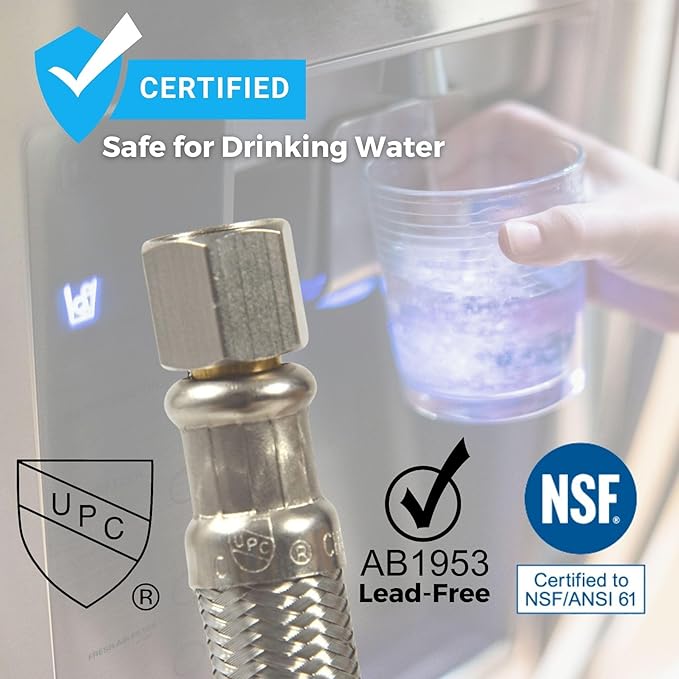 Refrigerator Icemaker Hose (20 FT) - Universal Fit to ALL Refrigerator Brands - Icemaker Water Supply Line - ¼” x ¼” Connections - SS Refrigerator Supply Hose for Ice & Water