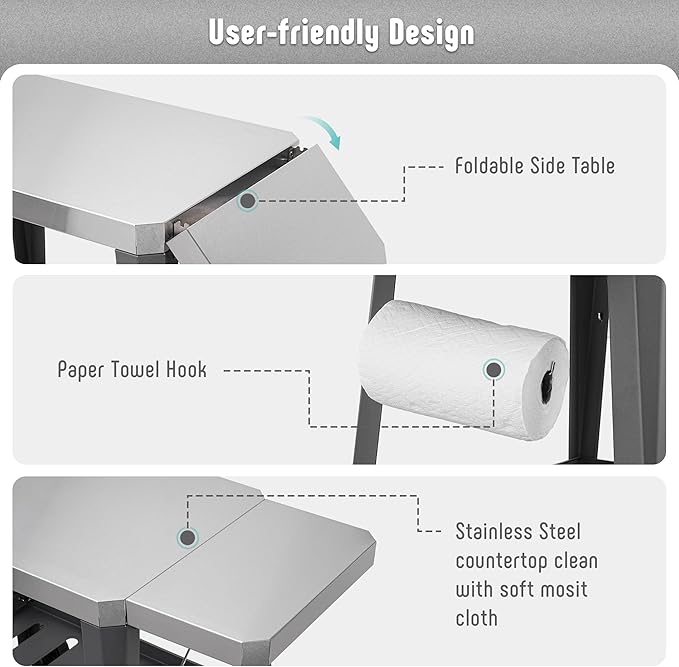 Outdoor Grill Cart, Pizza Oven Table with Wheels, Stainless Steel Countertop with Foldable Extension Table, Versatile Food Prep Grill Cart for Outdoor BBQ Cooking Gathering