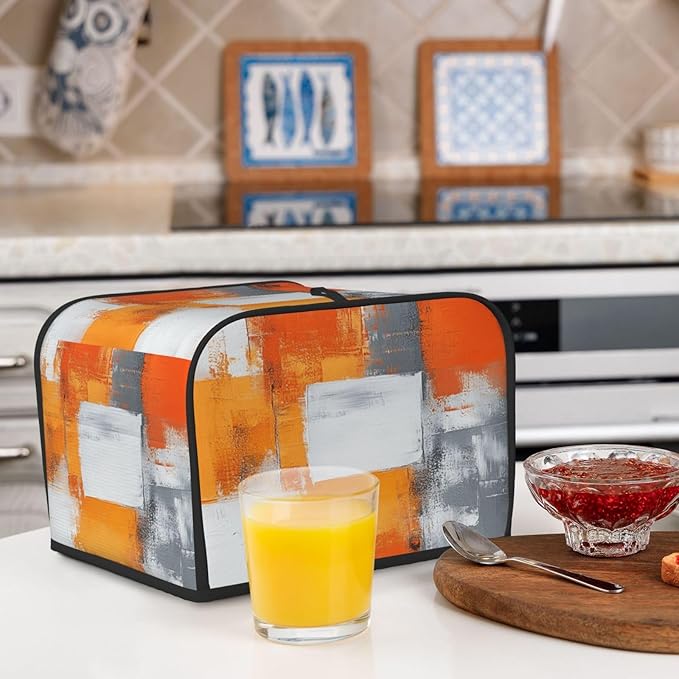 4 Slice Toaster Cover for Kitchen Modern Art White Orange Gray Waterproof and Dustproof Toaster Dust Cover with Side Pockets Decorative Universal Cover for Wide Slot Toasters and Small Appliances