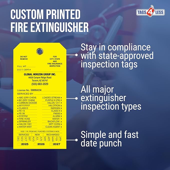 Tags 4 Less Custom Fire Extinguisher Tags – Preventative Maintenance Labels for Monthly Inspections, Alternative to Safety Sticker for Easy Record-Keeping – Pack of 100 (Yellow, Vinyl Plastic)