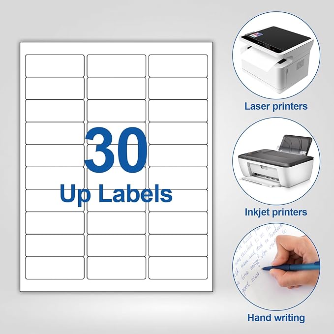 30 Up Labels 1" x 2-5/8" Shipping Address Labels for Laser/Inkjet Printers, 500 Sheets 15000 Pcs Self Adhesive 30 pet Sheet Return Address Mailing Label Stickers