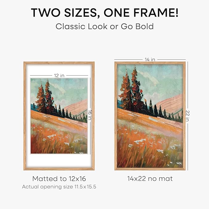 Homeforia 14x22 Picture Frame Wood, High End Natural Oak 14x22 Light Wooden Poster Frame with Mat 12x16, 14 x 22 Frames Matted to 12 x 16 Photo, 22x14 Hanging Frame, Tempered Glass, Wall Kit, Set of 3