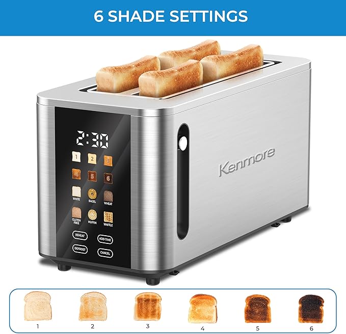 Kenmore 4-Slice Long Slot Toaster - Color Touch Screen & 6 Shade Settings, Extra Wide Slots, Digital Timer, Customizable Smart Presets, Reheat, Defrost, Add Time Functions, Stainless Steel