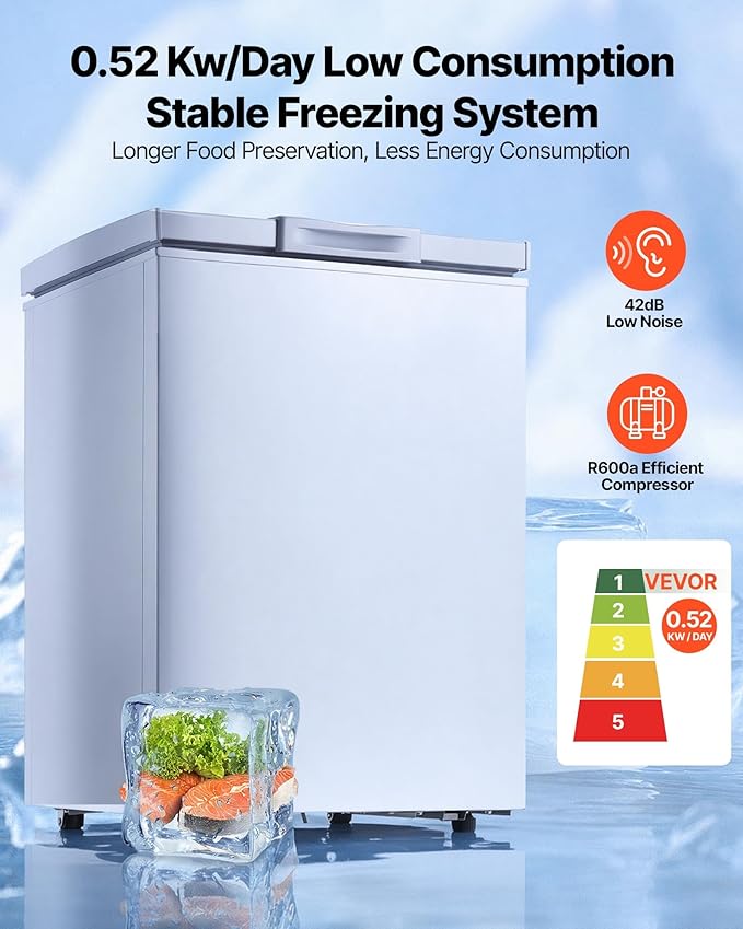 VEVOR Chest Freezer, 3.3 Cu.ft Compact Deep Freezer, Free Standing Top Open Door Chest Freezers with 2 Removable Baskets & Adjustable Thermostat - Energy Saving, Low Noise & Garage Ready, White