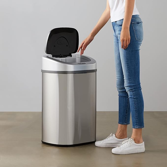 Amazon Basics Automatic Trash Can with Lid, Hands-Free, Stainless Steel, D-Shaped 80 l, 2 Bins