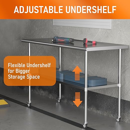 Stainless Steel Table with Wheels 24" x 60" Utility Worktable with Adjustable Undershelf for Commercial Kitchen, Garage, Restaurant