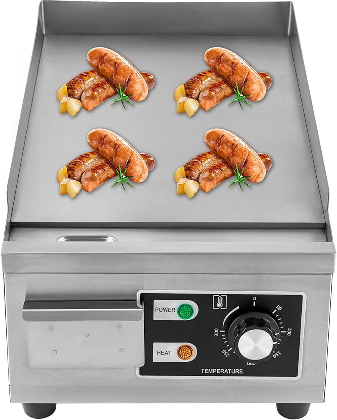 Electric Countertop Flat Top Griddle 110V 1300W Commercial Teppanyaki Grill 11"x15.7" Stainless Steel Commercial Flat Top Grill Thermostatic Control 122-572°F for Restaurant Kitchen
