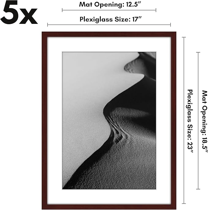 Americanflat 17x23 Picture Frame with Polished Plexiglass - Set of 5 - Use as 13x19 Frame with Mat or Display 17x23 Photo Without Mat - Galleria Collection - Picture Frames for Wall Display - Mahogany