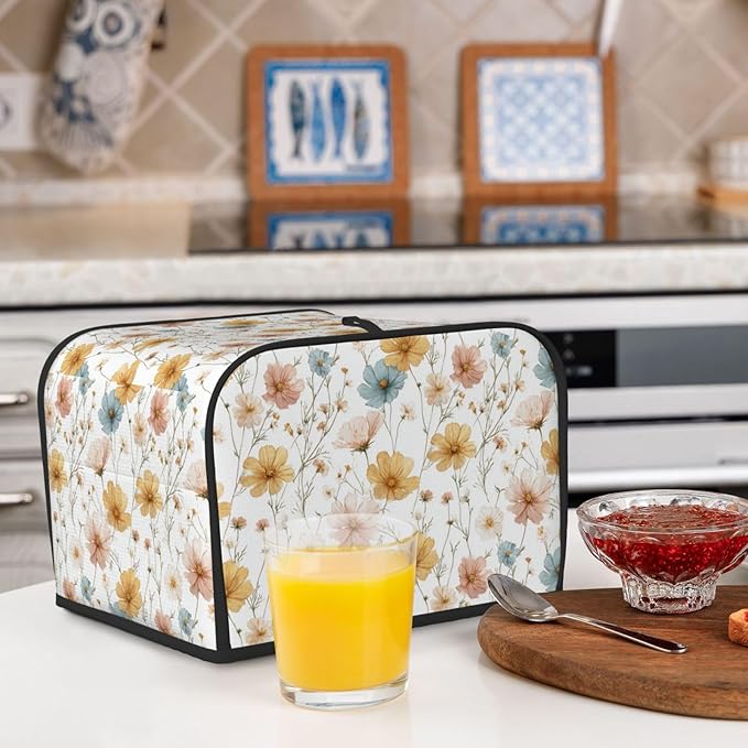4 Slice Toaster Cover for Kitchen Botanica Flower Vintage Waterproof and Dustproof Toaster Dust Cover with Side Pockets Decorative Universal Cover for Wide Slot Toasters and Small Appliances