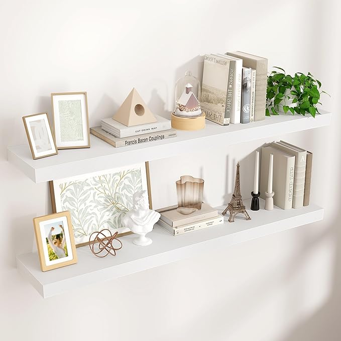 Floating Shelves for Wall 48"W x 9"D x 1.5"H, Long Engineered Wood Wall Shelves with Invisible Brackets for Living Room Bedroom Bathroom Office Kitchen Decor and Storage, White Finish, Set of 2