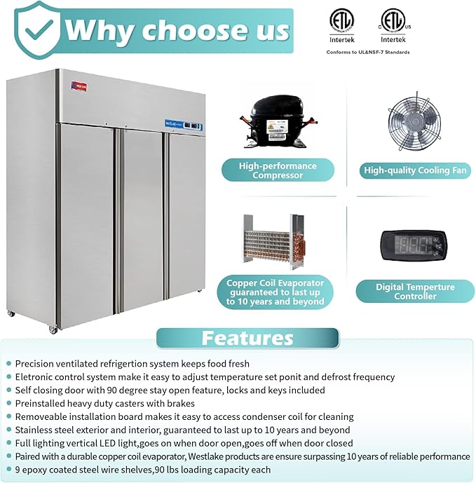 WESTLAKE Commercial Refrigerator and Freezer Combo 72" W 3 door 3 Section Stainless Steel Reach in Solid door Fan Cooling 54 Cu.ft Refrigerator and Freezer Combo for Restuarant, Bar, Shop, etc