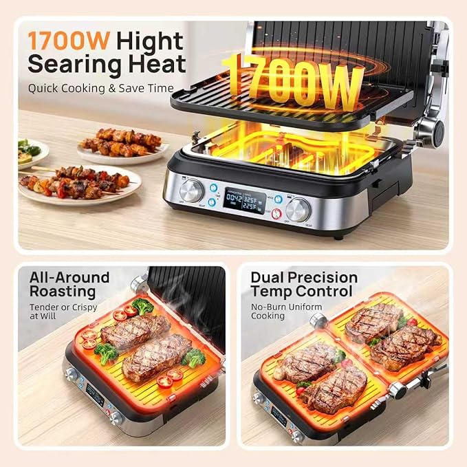 6-in-1 Griddle and Indoor Grill, 14’’ Electric Grill, For Steak, Burger, Eggs, Smokeless Pancake Griddle, Nonstick Removable 450°F Dual Adjustable Grill Plates, 90-Minute Timer, Dishwasher Safe