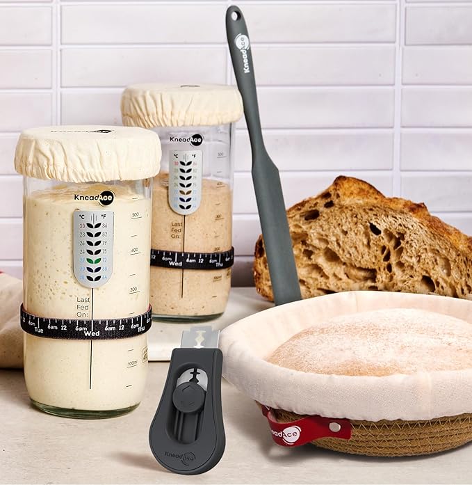 KneadAce Sourdough Starter Kit – 24oz Starter Jar, 2 Cotton Rope Banneton Proofing Baskets, Magnetic Bread Lame for Scoring – Gift for Bakers & Complete Sourdough Bread Baking Set