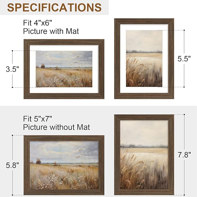 Vittanly 5x7 Picture Frame Set of 2, Solid Wood Frame for Wall or Tabletop, Display Photo 4x6 with Mat or 5x7 without Mat, Brown