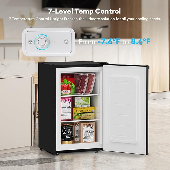 TABU 3.6 Cu Ft Upright Freezer, Compact Freestanding Mini Freezer with 7 Adjustable Thermostat & Removable Shelves, Reversible Stainless Steel Door, Black