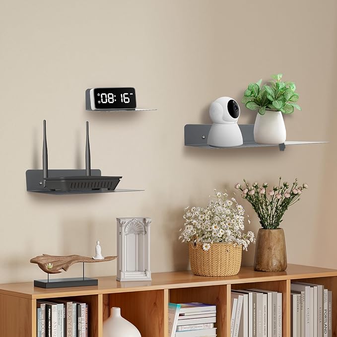 Steel Floating Shelves for Wall,Small Wall Shelf，Suitable for Bedroom, Living Room, Bathroom, Kitchen, Office (Grey, 11.81x8.46 in)