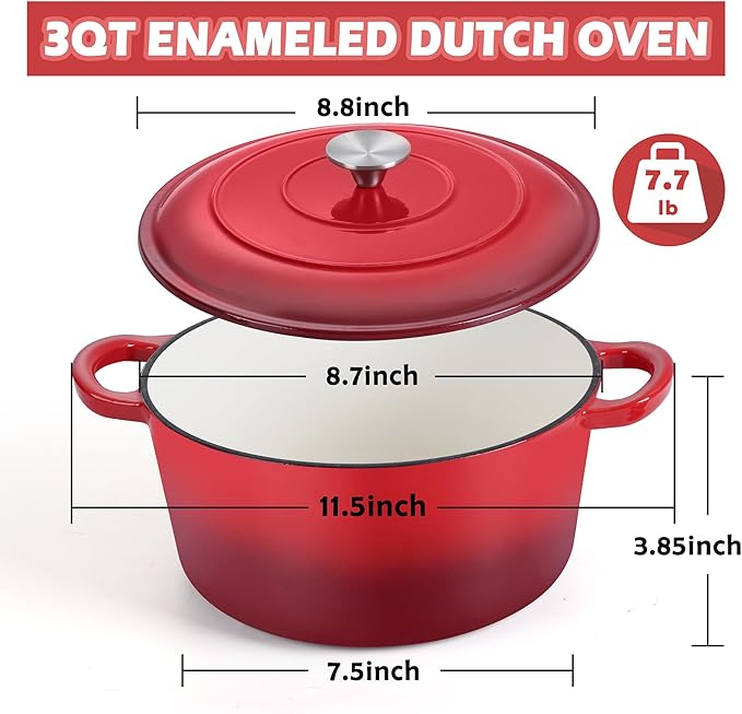 TeamFar 3qt Dutch Oven, Small Enameled Cast Iron Dutch Oven Pot with Lid, For Bread Baking/Stewing/Braising/Frying, Various Stoves & Oven Safe, Non-stick & Easy Clean, Red