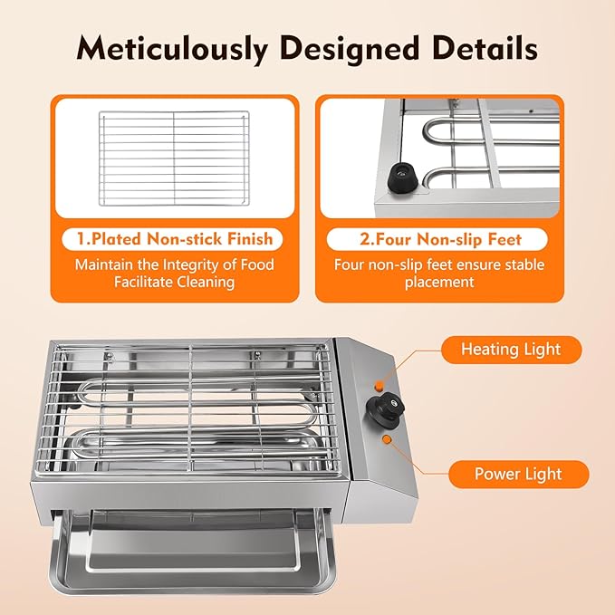 Countertop Electric BBQ Grill, 1800W Commercial Smokeless Barbecue Oven with Adjustable Temperature, Portable Stainless Steel Grill for Party Home Camping Cooking