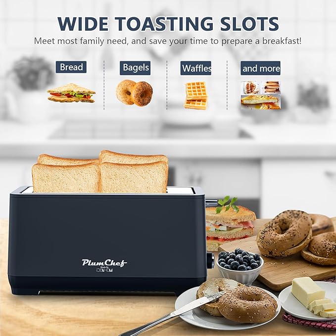 4-Slice Toaster, Extra Wide Long Slot Toaster, Removable Crumb Tray, 6 Browning Settings, Bagel/Defrost/Reheat Functions,Stainless Steel Housing 1500W, Matte Blue