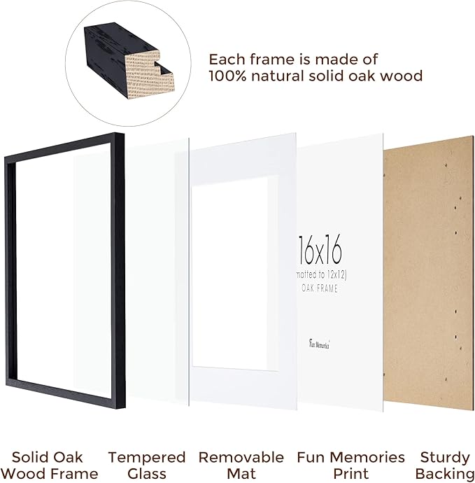Fun Memories 16"x16" Picture Frame in Black, Solid Oak Wood Frame 16x16, 16x16 Frame Matted to 12x12, Square Photo Frame 16x16 Inch - Tempered Glass (Black, 1 Pack)