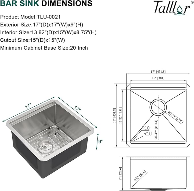 Undermount Bar Sink - 17 Inch Workstation Bar Sink Stainless Steel 16 Gauge Single Bowl Under Counter Small Prep RV Sinks with Cutting Board and Assembly #TLU-0021