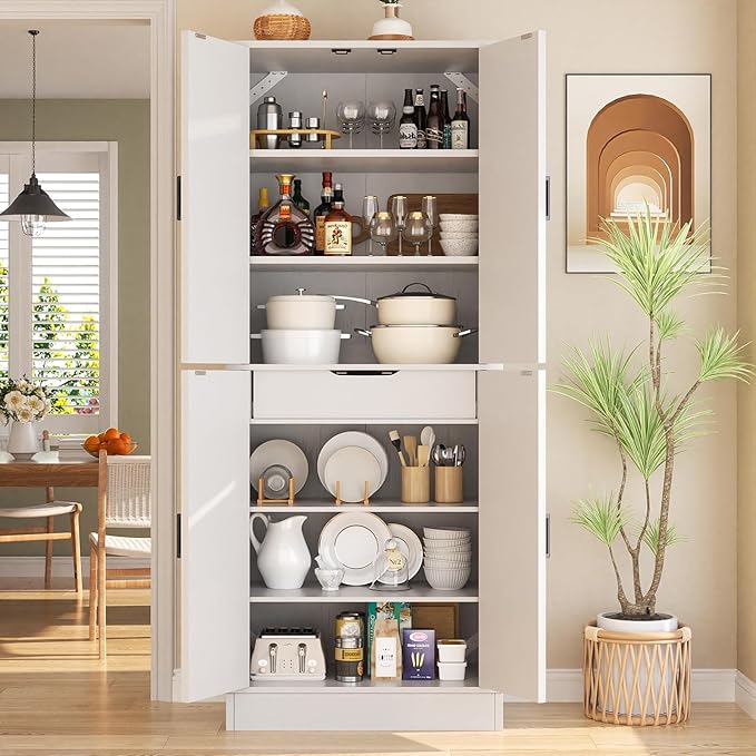 Unikito 71" Tall Kitchen Pantry Storage Cabinet with Farmhouse Barn Doors and Storage Drawer, 4 Adjustable Shelves, Freestanding Cupboard for Dining Room, Living Room, Utility Room, White