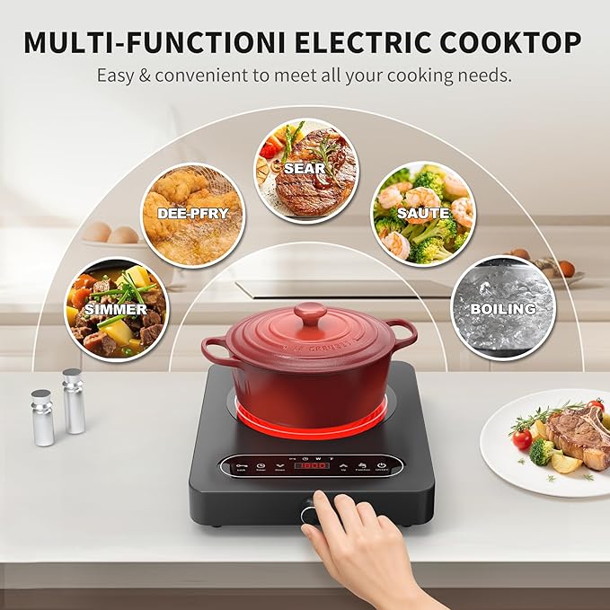 VBGK Single Burner Electric Cooktop, 110V 1800W Electric Cooktop with LED Touch Controls and Knob Controls, 10 Power Levels, 4-Hour Timer, Safety Lock, Single Burner Overheat Protection